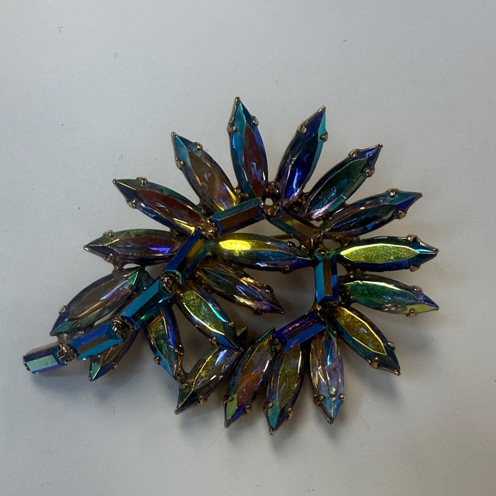 Aurora Borealis Marquise Cluster Brooch - Iridescent Crystal Pin